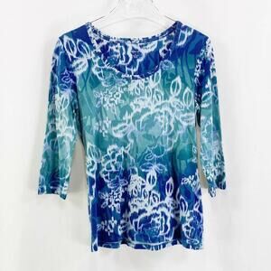 STYLE & CO Blue Tie Dye Floral 3/4 Sleeve Scoop Neck Top